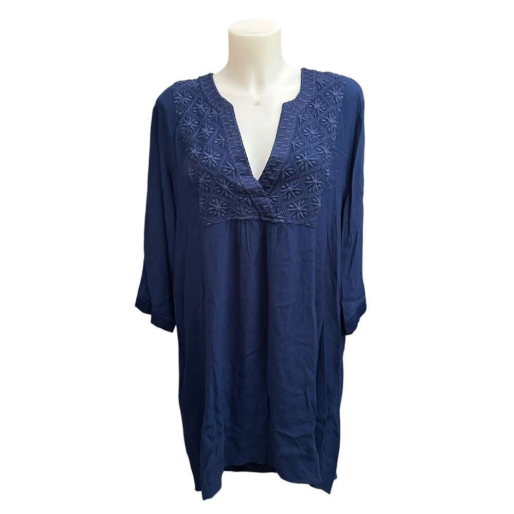 Johnny Was Calme Navy Blue Embroidered V-Neck Tunic Dress Oversized sz M